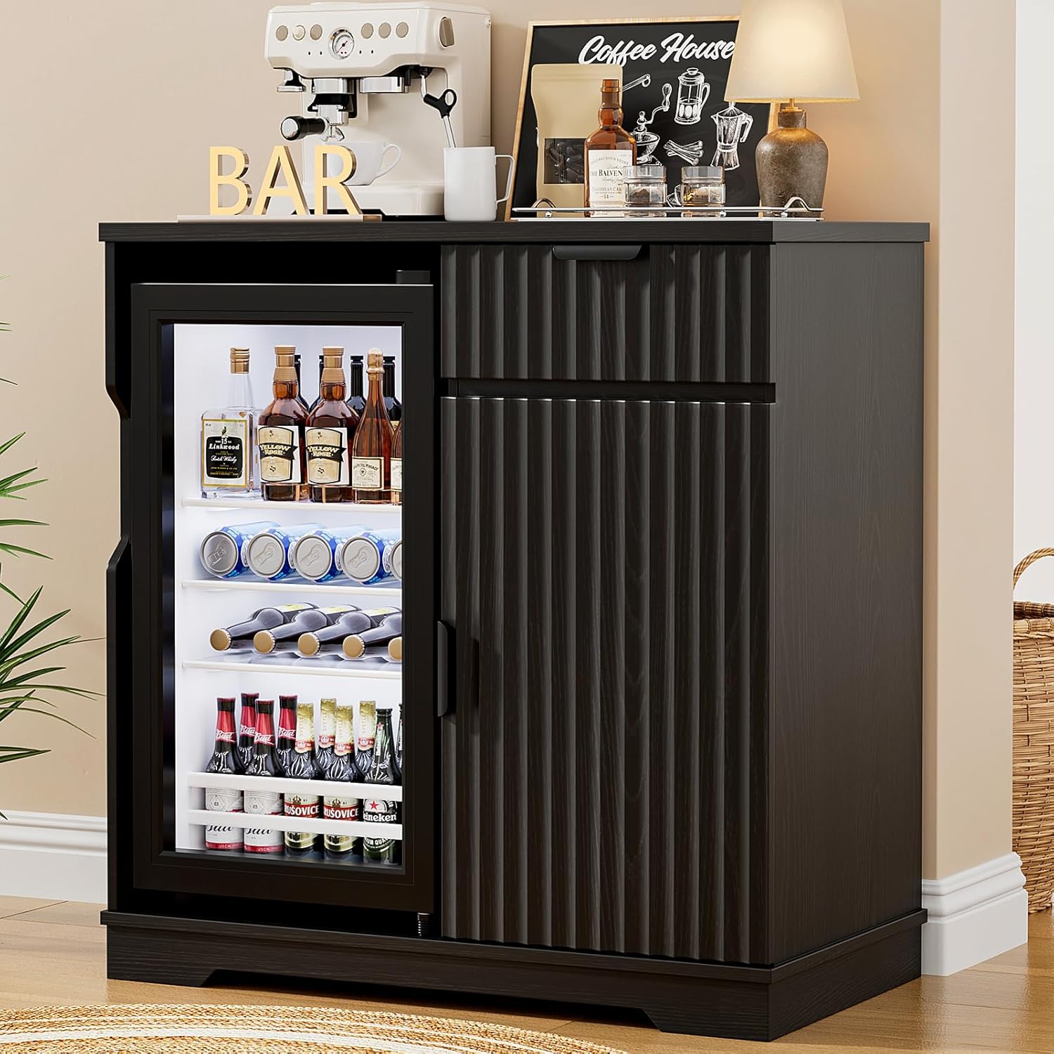 Home Bar And Fridge - Gecanneleerde koffiebar-kast met mini-koelkast uittrekbare lade